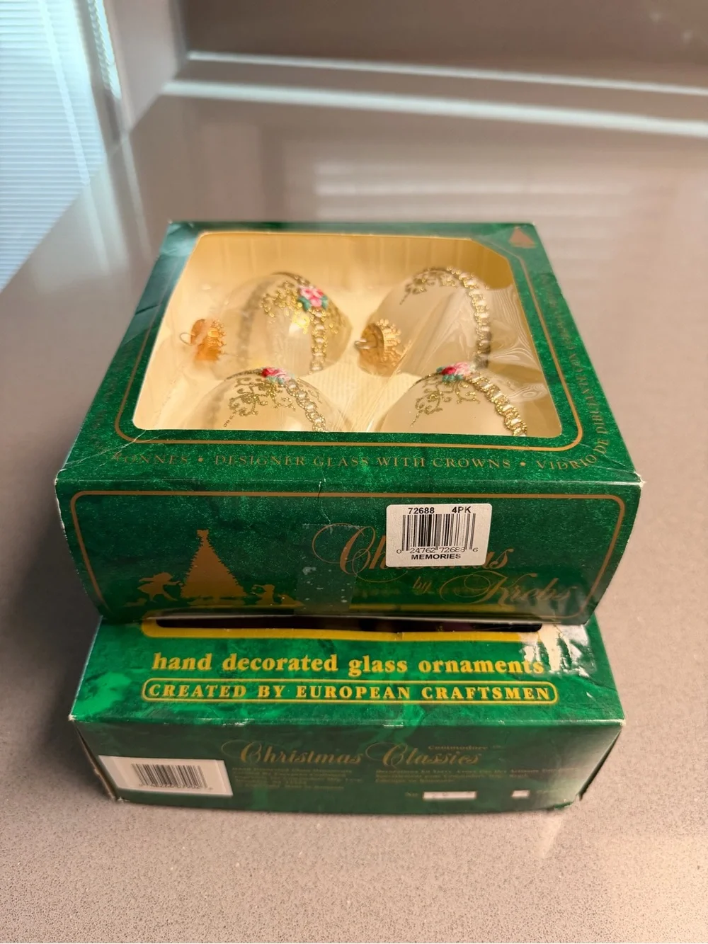 Vintage Christmas by Krebs Glass Ornaments Lot 7 Pink Flowers Gold Boxed